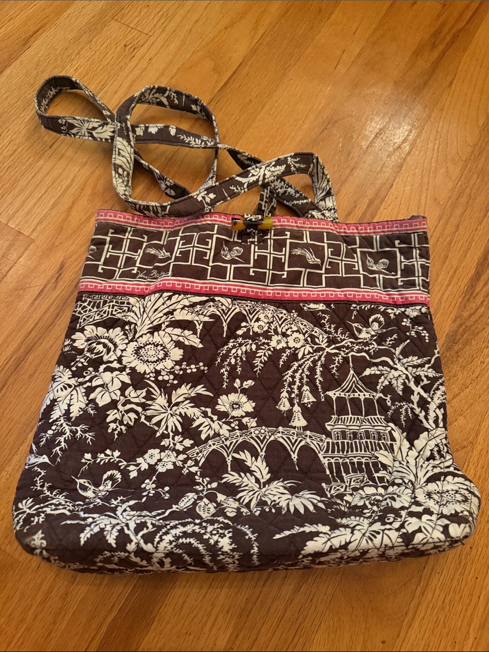 Vera Bradley Brown & Cream Floral Quilted Tote with Pink Accent